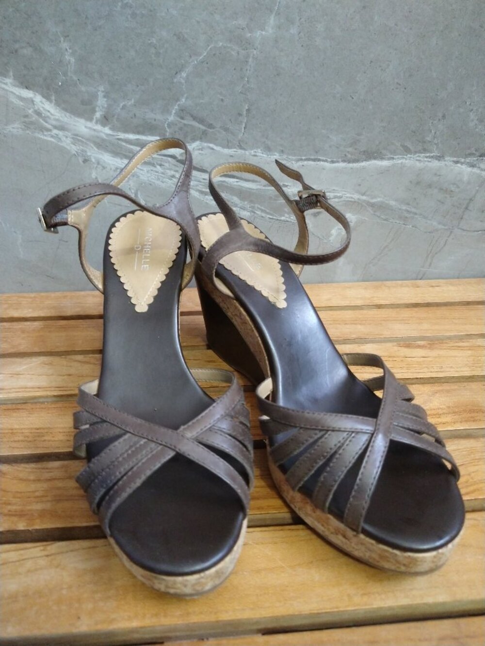 Michelle D. "AMBRE201" Leather Strappy Cork Wedge Sandals (Size 9 M, Hershey)